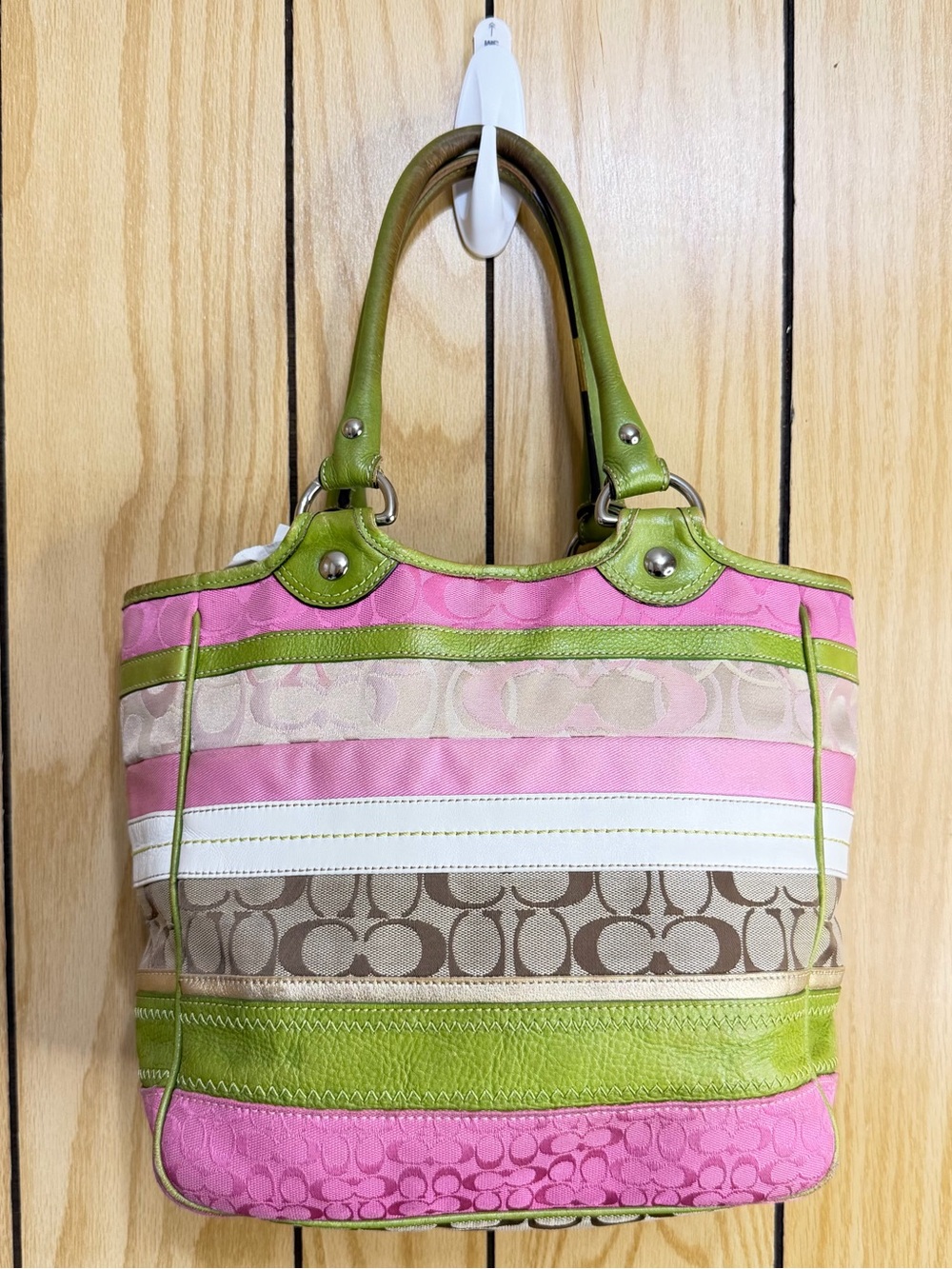 Coach Pink, Green & White Striped Signature Tote